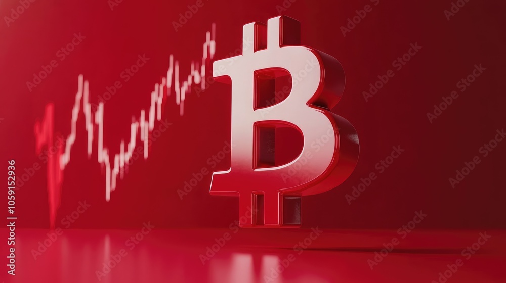 Poster bitcoin currency symbol with red chart, downward trend line, crypto price fall concept