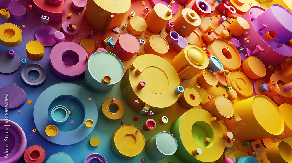 Poster abstract background with colorful 3d shapes scattered in geometric composition
