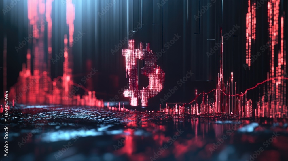 Poster bitcoin currency symbol with red chart, downward trend line, crypto price fall concept