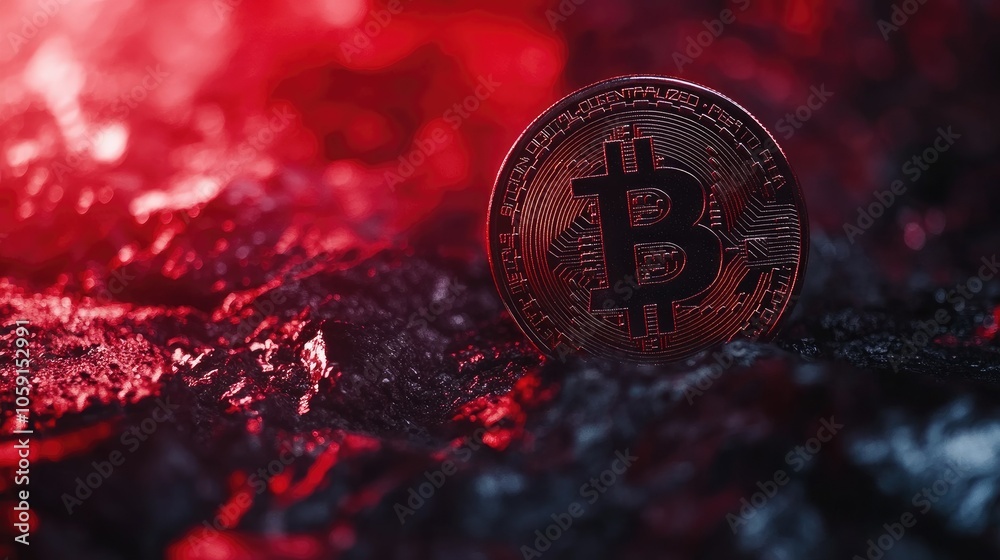 Poster bitcoin currency symbol with red chart, downward trend line, crypto price fall concept