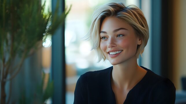 Lifestyle photo of a woman enjoying a dessert at a quaint cafe, casual vibe as she takes a bite and looks out the window