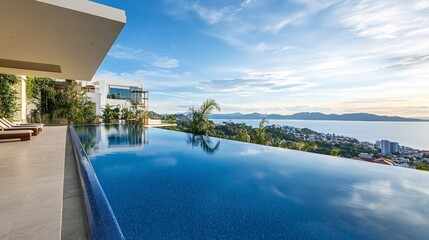 Fototapeta premium A luxurious infinity pool overlooks a serene ocean view, surrounded by greenery under a bright sky, creating a tranquil retreat.
