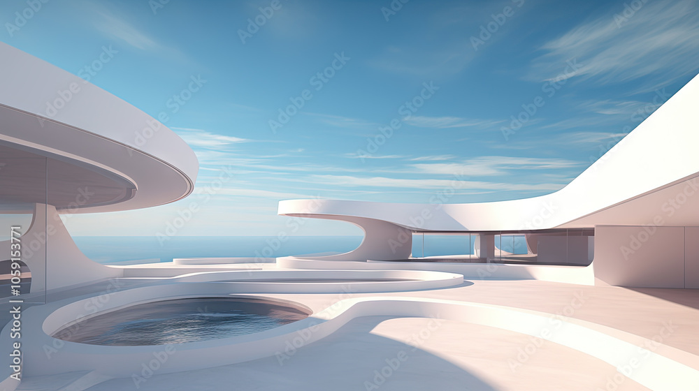 Poster Abstract architecture scene with smooth curves. Abstract background with futuristic building in white and blue colors.