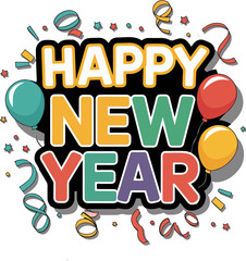 Happy New Year text with balloons and confetti