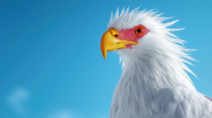 Fototapeta premium A majestic white bird with a striking yellow beak and bright red face against a clear blue sky.