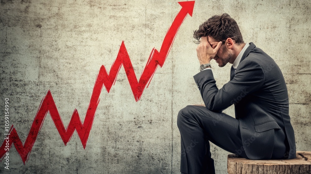 Poster businessman studying declining sales graph, showing signs of worry and disappointment