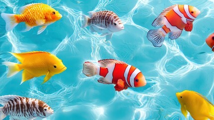 Fototapeta premium A vibrant underwater scene featuring colorful tropical fish swimming gracefully in clear blue water.