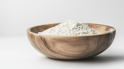 White flour in a wooden bowl with slight flour dusting around, isolated on white background for a natural baking concept