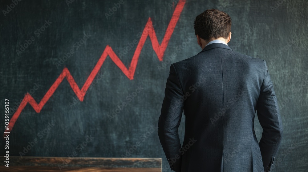 Poster businessman studying declining sales graph, showing signs of worry and disappointment