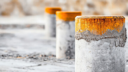 Thick cement columns with orange tops, showcasing structural foundation elements. image captures industrial essence and durability of construction materials
