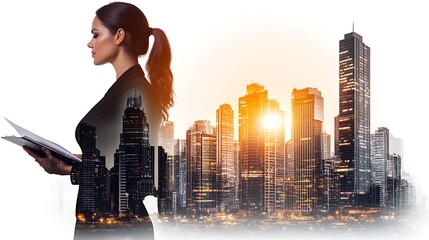 Businesswoman with Cityscape Double Exposure Smooth Blue Background with Copy Space for Advertisements
