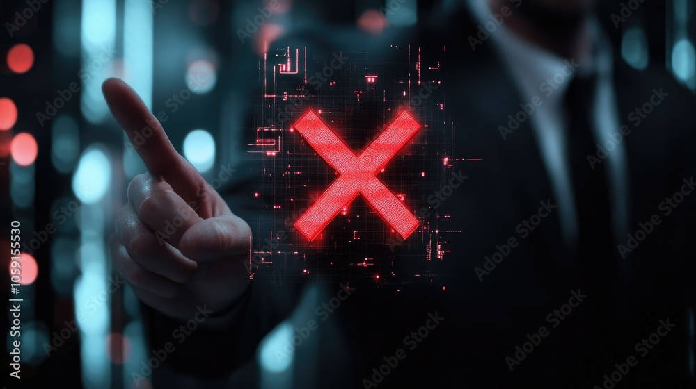 Poster businessperson with red x in hand, holographic overlay showing fail mark in audit theme