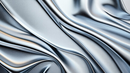 Abstract metallic surface with smooth, wavy texture and reflective silver tones creating a fluid and dynamic visual effect.
