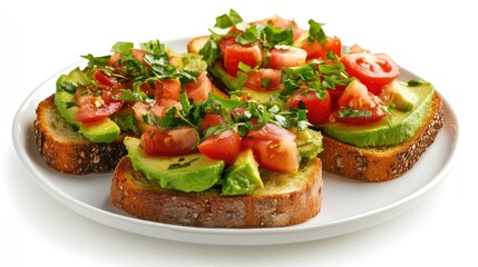 Avocado toast with fresh toppings on a white background, simple yet nutritious vegan food, perfect for breakfast or lunch