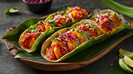 A creative fusion dish of Indian-inspired tacos filled with spiced vegetables, served on banana leaves and garnished with colorful slaw.