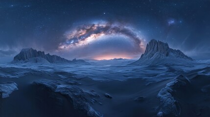 Night in the Xinjiang Desert: Majestic Mountains and Starry Galaxy