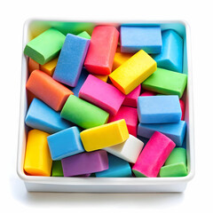 Different colors of erasers in box on white isolated