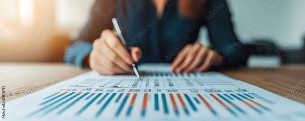 Poster a person analyzing data on a document covered with colorful graphs and charts, using a pen for detai