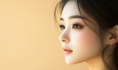 Naklejka premium A young woman with dark hair and flawless skin.