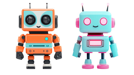 Fototapeta premium Two colorful, playful robots on transparent background.