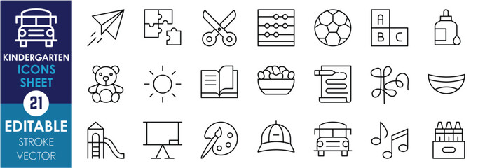 A set of line icons related to Kindergarten. Paper plane, puzzle, books, palette, school bus, scribble, ABC blocks, glue, and so on. Vector editable stroke.
