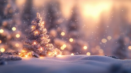 Naklejka premium Blurred winter scene with Christmas tree dusted in snow, decorated with twinkling garland lights, creating a festive holiday glow.
