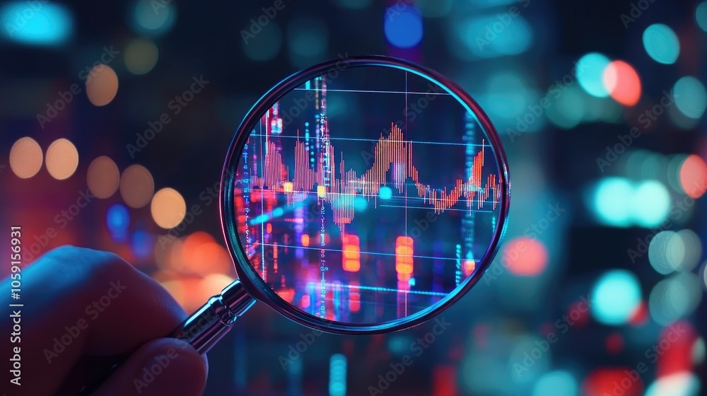 Poster data chart under magnifying glass, analyzing market trends and performance metrics