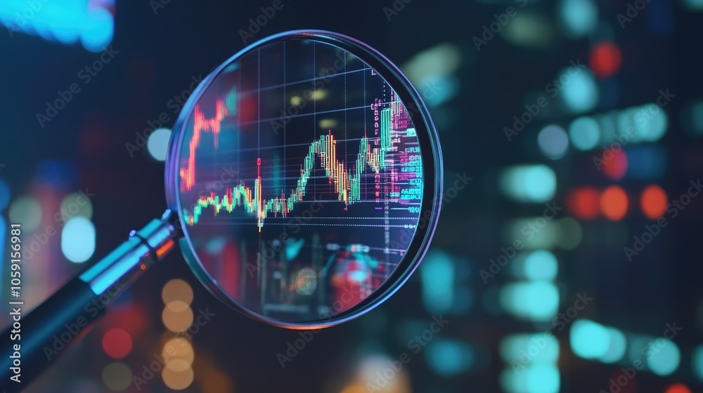 Poster data chart under magnifying glass, analyzing market trends and performance metrics