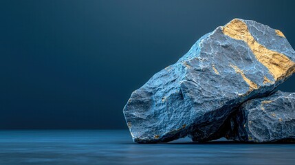 Naklejka premium Close-up of textured blue rocks with golden accents, creating a serene and striking visual against a dark backdrop.