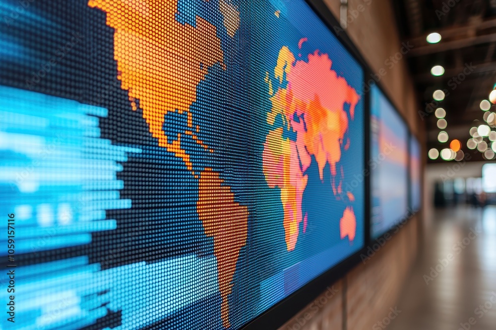 Poster a vibrant digital display featuring a world map with colorful regions and dynamic data streams enhan