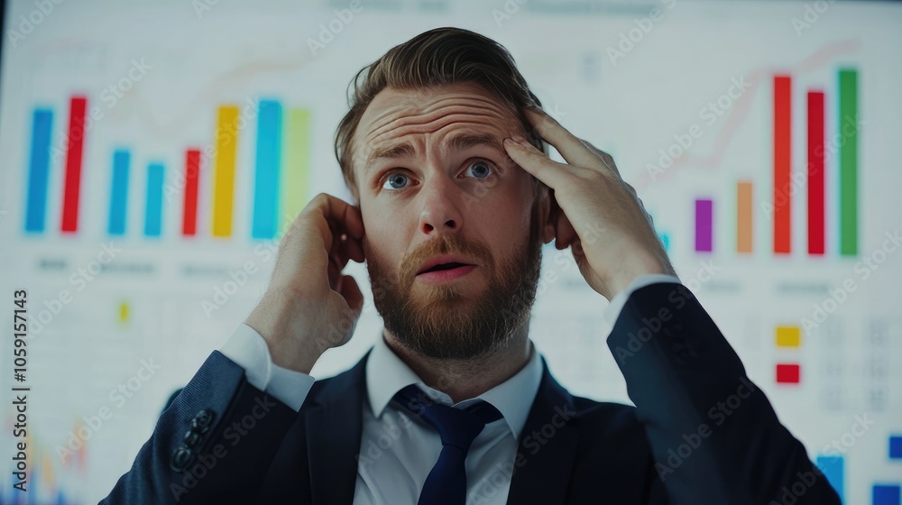 Poster declining sales chart on screen, businessman with confused look, analyzing performance drop