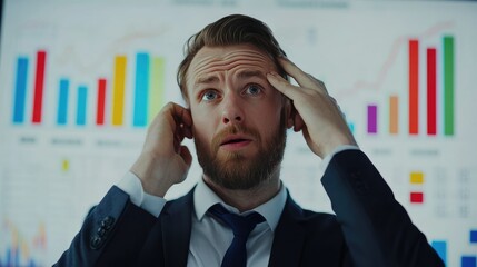 Declining sales chart on screen, businessman with confused look, analyzing performance drop