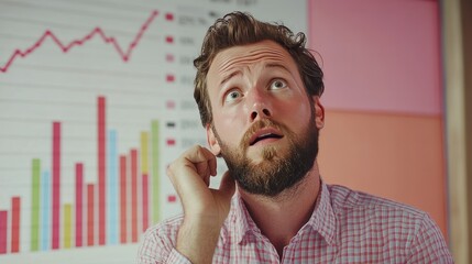 Declining sales chart on screen, businessman with confused look, analyzing performance drop