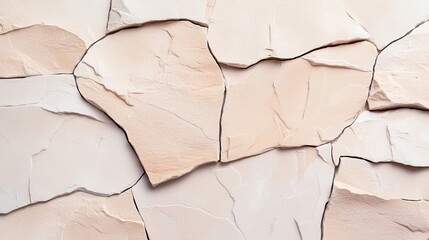 Fototapeta premium Textured wall with irregularly shaped beige stones creating a natural and warm ambiance.
