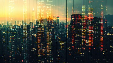 Fototapeta premium Double exposure: city view and coin rows with stock data overlay, symbolizing investments