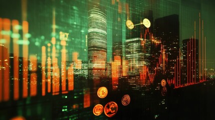 Fototapeta premium Double exposure: coins and cityscape with stock chart overlay, representing financial growth