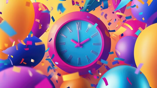 Bright and colorful Happy New Year 2025 with confetti bursts, balloons, and a countdown clock, ready for celebration.