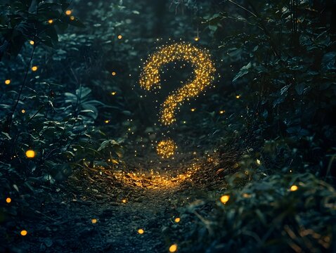 Glowing Firefly Question Mark in Mysterious Dark Forest Symbolizing Life s Fleeting Moments