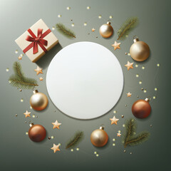 3d realistic vector illustration. Christmas festive banner. Christmas balls, lights, fir tree and present with red ribbon on green background.