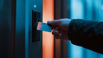 Naklejka premium A hand inserting a card into a modern elevator access control system.