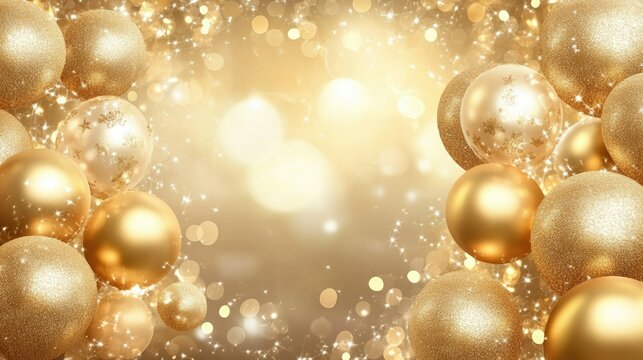 Celebratory Happy New Year balloons in gold, holiday background for welcoming the new year.