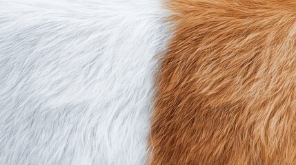 Close-up of fluffy white and orange fur textures, creating an inviting and warm visual appeal.
