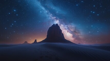 Night in the Xinjiang Desert: Majestic Mountains and Starry Galaxy