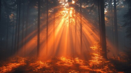 Fototapeta premium Golden sunlight beams through a misty forest, illuminating the autumn leaves on the forest floor.