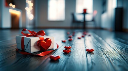 Heartfelt Gift and Romantic Setting with Red Hearts on Dark Wood Floor