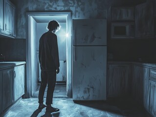Fototapeta premium Malnourished Person Staring into Empty Fridge in Dim and Lonely Kitchen Signifying Food Insecurity