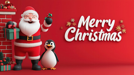 Christmas poster design with Santa Claus holding a green gift box and smiling on the chimney top, red background with a reindeer beside him, a penguin standing next to them, text "Merry Christmas"