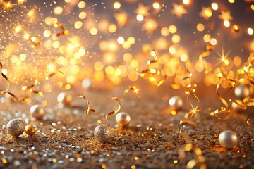 Luxury golden Christmas background. Winter holiday greeting gold template with confetti, glitter, sparkle, bokeh. Collection of seasonal festive backdrop for Merry Christmas and Happy New Year design.