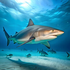 Fototapeta premium A solitary bull shark patrolling the depths of an expansive ocean, its sleek silhouette contrasting against the soft hues of an ethereal, blurred seascape, offering ample copy space