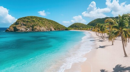 Fototapeta premium Clear, sunny beach scene with palm-lined shores, sparkling sand, and inviting turquoise waters.